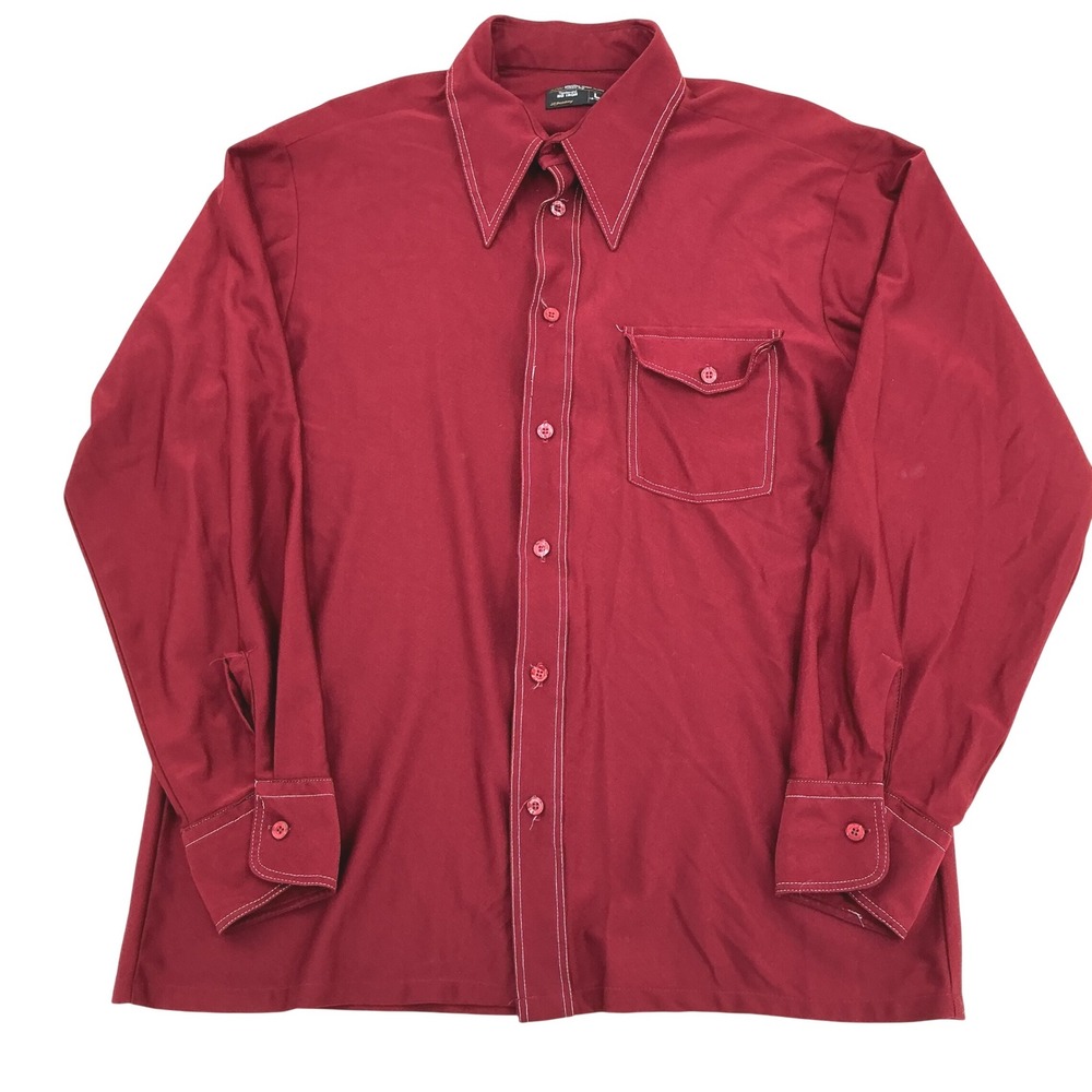 Vintage JCPenney Button Down Shirt Mens L Burgundy Dagger Collar Disco Retro